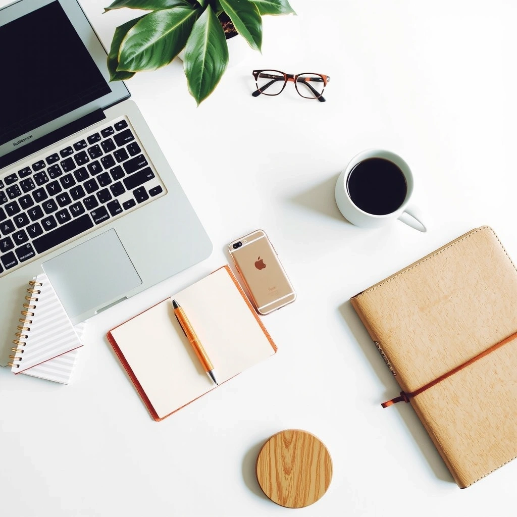 Professional blog writing setup with laptop and content creation tools