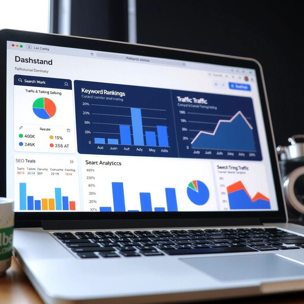 SEO analytics dashboard showing keyword rankings and traffic growth