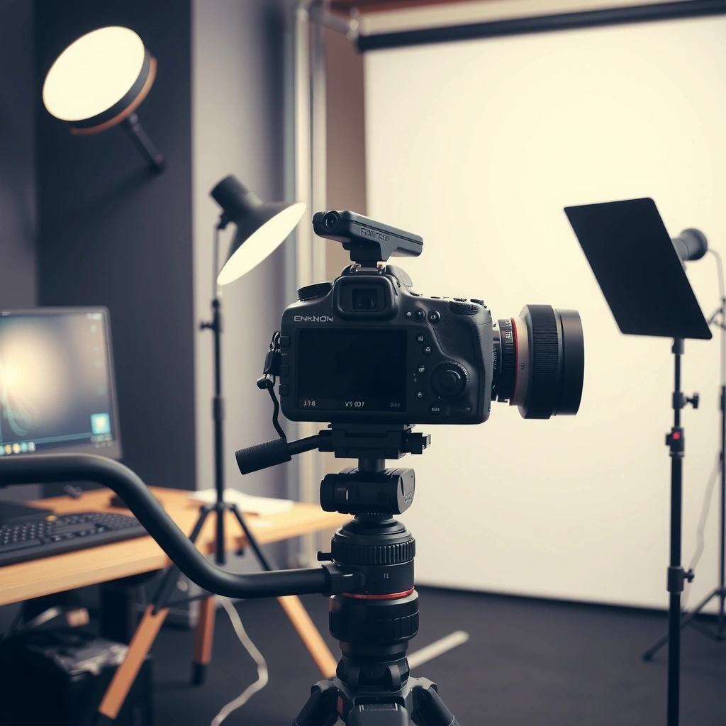 Video content creation setup with cameras and equipment